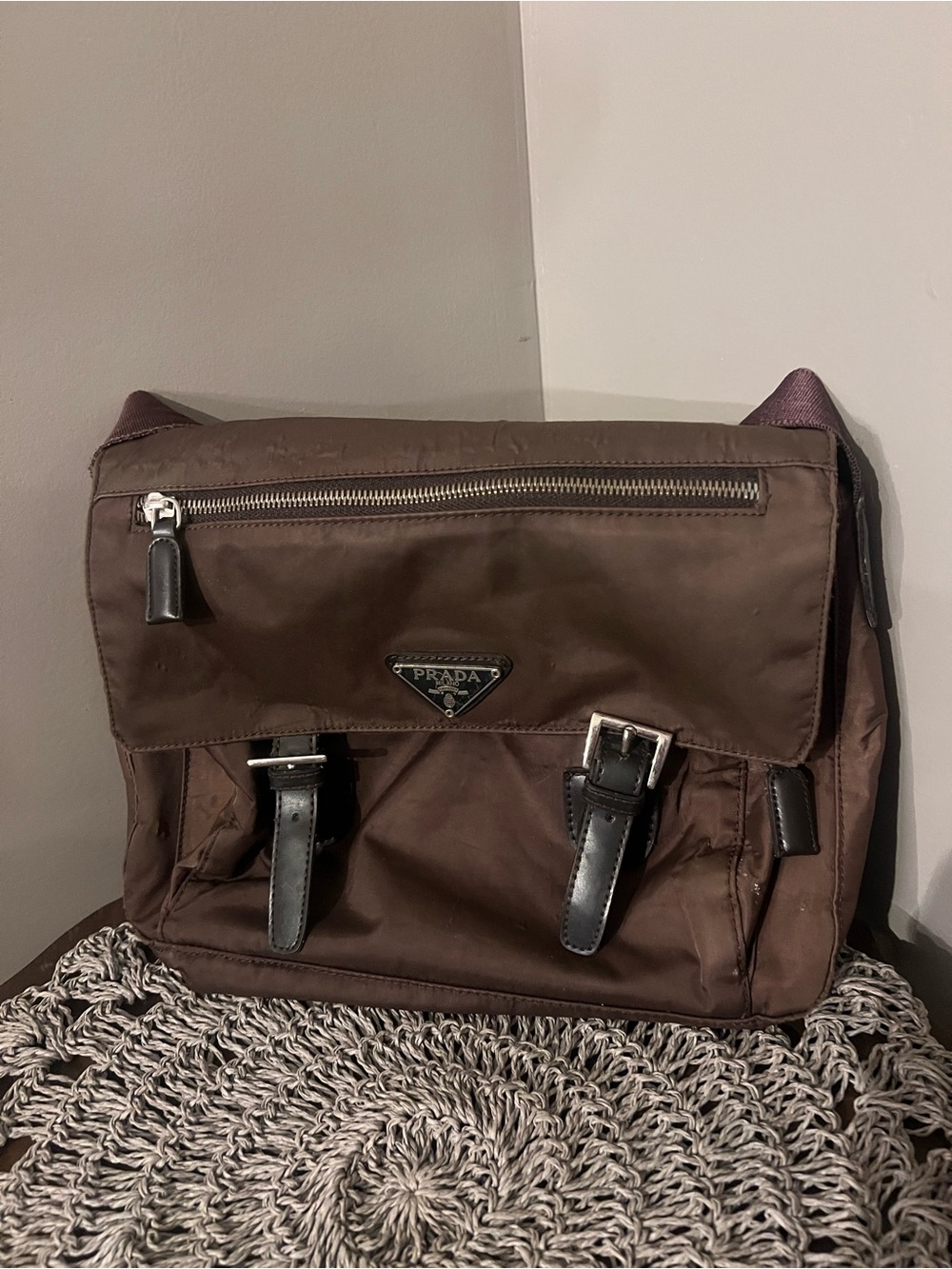 Vintage Prada Brown Nylon Messenger with Leather Trim